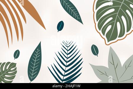 Illustration Blätter Tapete. Grün, orange, und dunkelblau Baum Blatt in einem hellen Hintergrund. Flache Leinwand Kunst Dekor Stockfoto