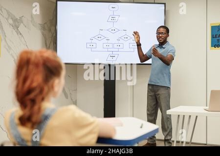 Porträt eines jungen afroamerikanischen Lehrers, der mit Kindern in der Codierungsklasse arbeitet, Kopierraum Stockfoto