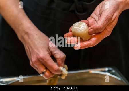 Frische Jakobsmuscheln mit Meersalz, schwarzem Pfeffer und Olivenöl und frisch rasierten schwarzen Trüffeln. Reduziert auf diese wenigen Zutaten, kommt der Geschmack des schwarzen Trüffels sehr gut zum Vorliegen. Aups, Frankreich Stockfoto