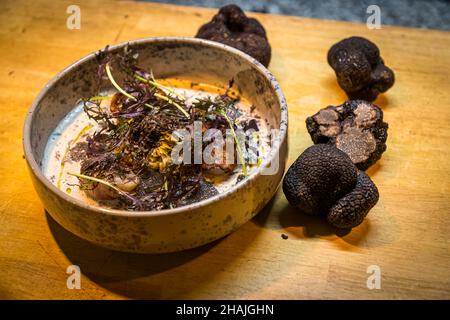 Frische Jakobsmuscheln mit Meersalz, schwarzem Pfeffer und Olivenöl und frisch rasierten schwarzen Trüffeln. Reduziert auf diese wenigen Zutaten, kommt der Geschmack des schwarzen Trüffels sehr gut zum Vorliegen. Aups, Frankreich Stockfoto