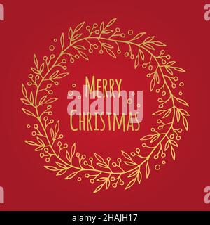 Frohe Weihnachten Grußtext mit Blumenkranz. Handgezeichnete Vektorgrafik. Stock Vektor