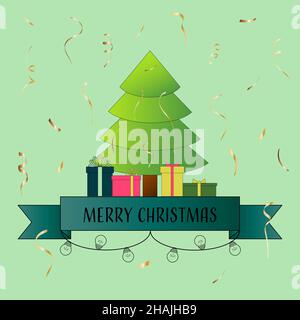 Weihnachtsbaum mit Geschenken auf hellgrünem Hintergrund, serpentinische Inschrift Stock Vektor