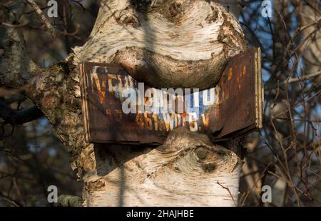 Rostiges Schild mit den Worten verbotener Eintrag an einen Baum genagelt, in der Rinde gewachsen. Fast unlesbar Stockfoto