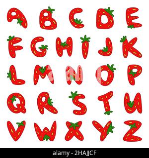 Erdbeerschrift. Berry alfabet. Briefe von roten Früchten. Weiche lustige Cartoon Hand gezeichnet Kinder hellen Vektor illustrationo für Schriftzug Stock Vektor