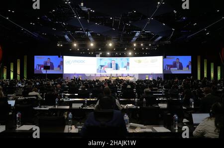 Sharm El-Sheikh, Ägypten. 13th Dez 2021. (Foto vom 13. Dezember 2021 zeigt den Schauplatz der neunten Sitzung der Konferenz der Vertragsstaaten der UN-Konvention gegen Korruption in Sharm El-Sheikh, Ägypten. Die neunte Sitzung der Konferenz der Vertragsstaaten (CoSP9) der UN-Konvention gegen Korruption startete am Montag in Ägyptens Ferienort Sharm El-Sheikh. Die Sitzung wird bis Dezember dauern. Quelle: Xinhua/Alamy Live News Stockfoto