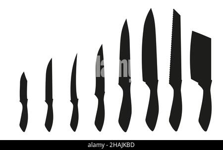 Flache Vektormesser Kollektion. Dolch-Set für die Küche. Innenküche mit Möbeln. Vektorgrafik im flachen Stil. Stock Vektor