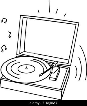 Home Plattenspieler Plattenspieler. Vektorgrafik im Doodle-Stil isoliert auf dem Hintergrund. Plattenspieler aus Vinyl, Grammophon. Stock Vektor