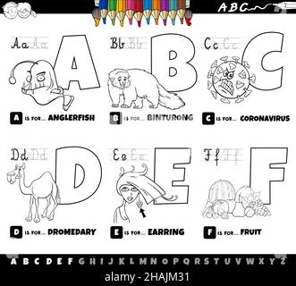 Schwarz-Weiß-Cartoon-Illustration von Großbuchstaben aus Alphabet Lernset zum Lesen und Schreiben Praxis für Kinder aus A bis F colori Stock Vektor