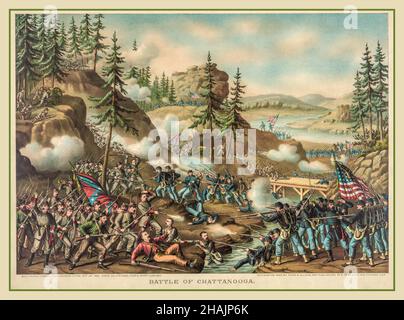 SCHLACHT VON CHATTANOEGA Vintage 1860 amerikanischer Bürgerkrieg Farbe Illustration Poster 'Schlacht von Chattanooga'--Gen. Thomas' Charge near Orchard Knob, Nov. 24' 1863--parts A.O.T. Potomac, Tenne. & Cumbd. Verlobt Tennessee USA Stockfoto