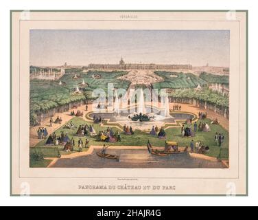 Versailles Vintage Lithograph 1860. Panorama du Château et du Parc / Charles Rivière del. Et lith. Blick aus der Vogelperspektive auf den Park mit Teichen, Brunnen, Gärten und Sehenswürdigkeiten, mit dem château im Hintergrund, Versailles, Frankreich. Rivière, Charles, Lithograph Maison Martinet (Paris, Frankreich), Herausgeber [Paris] : [Maison Martinet], [1860 oder 1861] - Château de Versailles (Versailles, Frankreich)-1860-1870 - Parks--Frankreich--Versailles-1860-1870 - Brunnen--Frankreich--Versailles-1860-1870 - Gärten--Frankreich--Versailles-1860-1870 - Seen und Teiche- Versailles Stockfoto