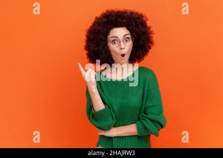 Aufgeregt Frau mit Afro-Frisur trägt grünen lässigen Stil Pullover und Brille stehen mit offenem Mund und erhobenen Finger, Idee. Innenaufnahme des Studios isoliert auf orangefarbenem Hintergrund. Stockfoto