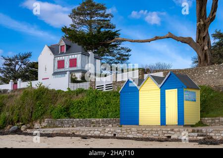 Ile-aux-Moines, Frankreich, Strandhütten Stockfoto