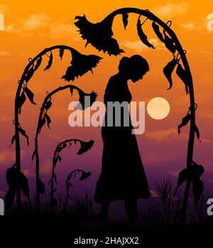 Eine Frau im Kleid geht bei Sonnenuntergang zwischen welkenden Sonnenblumen in dieser 3-d-Illustration über das Ende des Sommers und den Beginn des Herbstes. Stockfoto