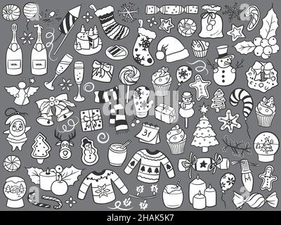 Sammlung von handgezeichneten festlichen Weihnachten und Silvester Feier verwandte Objekte und Elemente. Stock Vektor
