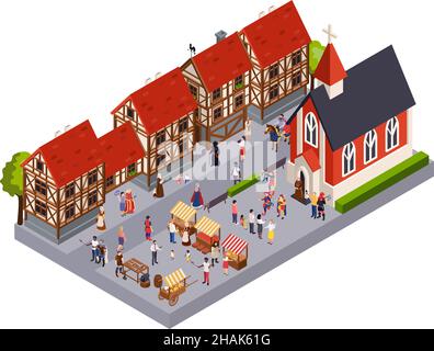 Mittelalterliche Stadtarchitektur isometrisches Konzept mit Marktplatz Kirche und Haus Vektor illustraion Stock Vektor