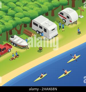 Kanu Kajak Rafting Erholung Flussufer Campingplatz isometrische Zusammensetzung mit Camper camping Anhänger barbequing Paddeln Touristen Vektor illust Stock Vektor