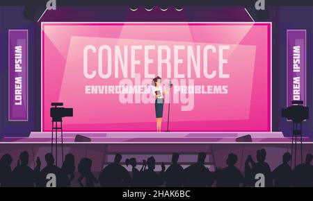 Konferenzsaal-Poster mit Symbolen für Umweltprobleme flache Vektordarstellung Stock Vektor