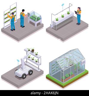 Moderne Gewächshaus isometrische Icon-Set intelligente Sprinkler für Sämlinge Roboter für die Arbeit mit Pflanzen und Gewächshaus mit Klimareglerungs-Vektor illustrat Stock Vektor