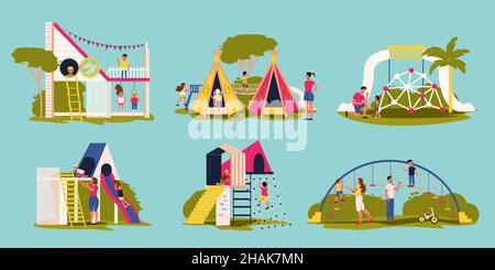 Kinder Spielplatz mit Schaukeln Rutschen Klettern Frames Häuser und glückliche Kinder isoliert auf farbigen Hintergrund Vektor-Illustration Stock Vektor