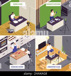 Beliebte Video-Blogger 4 isometrische Kompositionen mit News vlog Gadgets Bewertung Kochen Show Kauf Unboxing Vektor Illustration Stock Vektor
