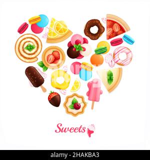 Desserts Süßigkeiten Café Süßwaren Herz geformt Werbekomposition mit Eis Schokolade überzogene Erdbeeren Donuts Vektor-Illustration Stock Vektor