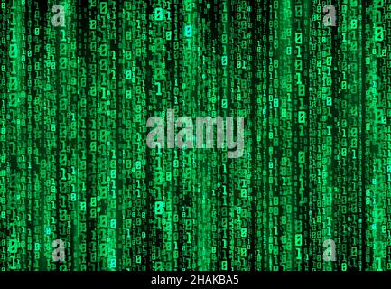 Digitale Stream- oder binäre Codedaten auf Matrix-Hintergrund, Vektorziffern der virtuellen Sicherheitstechnologie. Binärcode oder grünes Zahlenmuster, Computer Stock Vektor