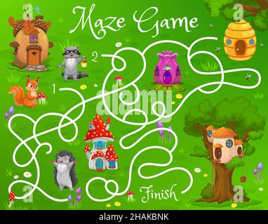 Kinder Labyrinth Labyrinth-Spiel mit Eichhörnchen, Waschbär und Igel, Vektor-Cartoon Märchenhäuser. Finden Sie einen Ausweg oder entkommen Labyrinth. Acorn, Nest und Flo Stock Vektor