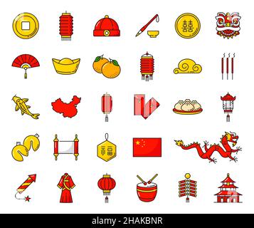Chinesische Feiertage, Religion und nationale Symbole Linie Ikonen des Vektors China Mondjahr. Goldgeld, Drache, Löwe und Fisch, rote Laternen, Fächer und Tanne Stock Vektor