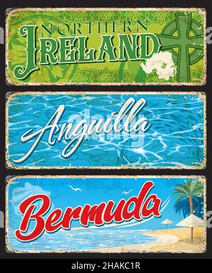 Nordirland, Anguilla und Bermuda britische Regionen Platten, Vektor Zinn Zeichen. Britische Provinzen oder britische Länder begrüßen Metallplatten mit Wahrzeichen, RE Stock Vektor