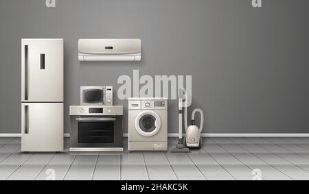 Haushaltsgeräte realistische monochrome Verlagerung Bild mit Kühlschrank Waschmaschine Staubsauger Herd Küchenhaube Vektorgrafik Stock Vektor