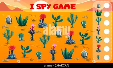 Ich spioniere Spielarbeitsblatt. Mexikanische Kaktus Sukkulenten Pflanzen in Wüste Vektor Hintergrund. Kinder Bildung Puzzle oder Zählen Rätsel, finden und zählen von saguaro Stock Vektor