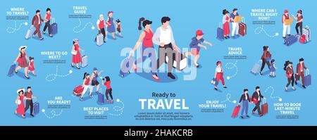 Isometrische Reise Menschen Infografiken mit isolierten Zeichen von Touristen mit Taschen Koffer und editierbare Textunterschriften Vektor-Illustration Stock Vektor