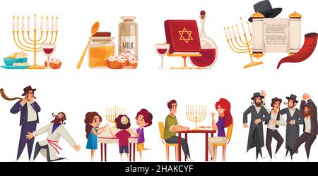 Cartoon-Kompositionen mit glücklichen jüdischen Menschen feiern hanukkah verschiedenen Feiertag Symbole und Elemente isoliert Vektor-Illustration gesetzt Stock Vektor