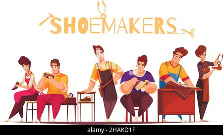 Cartoon menschliche Charaktere von Schuhmachern Reparatur und Reinigung von Schuhen und Stiefeln Vektor-Illustration Stock Vektor
