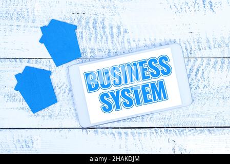 Textunterschrift mit Darstellung des Geschäftssystems. Konzept, das eine Methode zur Analyse der Informationen von Organisationen bedeutet, die Käufer und Investoren kontaktieren, Voice Stockfoto