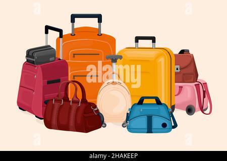 Gepäck farbige Zusammensetzung mit Kunststoff-Koffer auf Rädern Reisetaschen und Kupplung flache Vektor-Illustration Stock Vektor