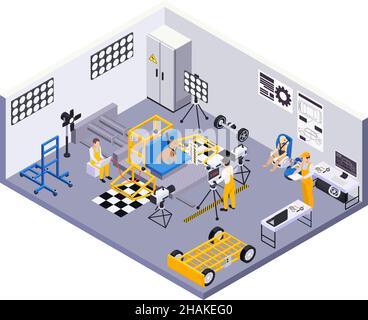 Crash-Test Auto Sicherheit isometrische Zusammensetzung mit Indoor-Landschaft und gebunden Hund mit Ingenieuren Maßnahmen Vektordarstellung Stock Vektor