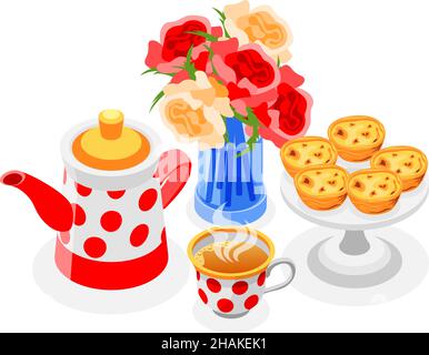 Teetagenkomposition mit Teekannen-Blüten und isometrischer Vektorgrafik für Teetastasen Stock Vektor