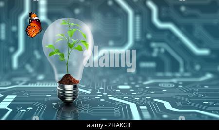 Pflanze wächst in der Glühbirne mit Schmetterling. Ökologie, Wachstum, grün denken, Energiesparen, Innovation, Grüne Ökologie Energie, und sparen en Stockfoto