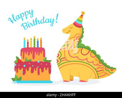 Happy Birthday Party, Dino und Kuchen Karte. Niedliche Dinosaurier Reptil kindischen Charakter Cartoon Einladung. Tierwelt lustige Raubtiere Dinosaurier prähistorische Eidechse. Kinder entwerfen Pflanzenfresser Vektor Stock Vektor