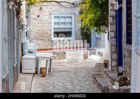 Eine malerische Straße mit weiß getünchten Häusern und Geschäften im Dorf der kleinen griechischen Insel Hydra, Griechenland. Stockfoto