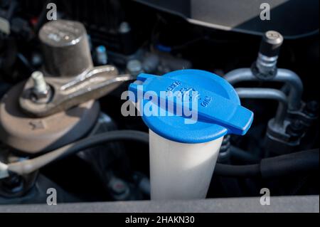 Fahrzeugwartung. Windschutzscheibenwaschflüssigkeitskappe mit blauer Farbe im Motorraum des Fahrzeugs. Stockfoto