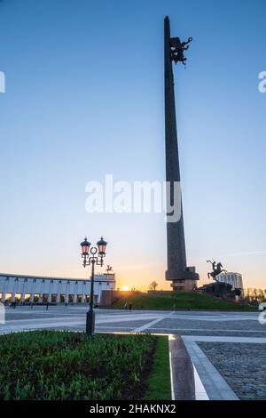 Moskau, Russland - 10. Mai 2021: Stella im Siegespark auf Poklonnaya Gora, Moskau. Autor Surab Zereteli Stockfoto