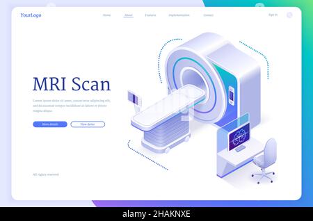 MRT-Scan-Banner. Magnetresonanztomographie-Technologie, Gesundheitsdiagnostik. Vektor-Landing-Page eines medizinischen Tests mit isometrischer Darstellung des MRT-Scanners und des Computers im Krankenhaus oder in der Klinik Stock Vektor