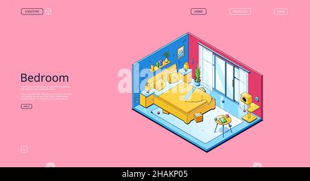 Schlafzimmerbanner. Isometrisches leeres Zimmer zum Schlafen und Entspannen in der Wohnung, im Haus oder im Hotel. Vektor-Landing-Page mit Abbildung des Wohnraums mit modernen Möbeln, Bett und Kratzpfosten für Katze Stock Vektor