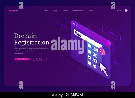 Isometrische Landing Page für die Domainregistrierung. Website-Hosting-Konzept mit digitalem Bildschirm und Namensliste für Online-Shop, Blog oder Business-Services auf violettem Hintergrund, 3D Vektor-Webbanner Stock Vektor