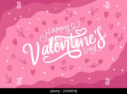Handschriftzug Happy Valentinstag mit Herz und Blätter Hand gezeichnet Hintergrund Stock Vektor