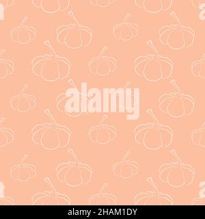 Nahtlose Muster Kürbis Vektor Illustration. Herbst Halloween oder Thanksgiving Kürbis in flachem Design, Umriss Silhouette isoliert auf rosa Hintergrund Stock Vektor