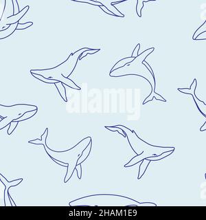 Nahtloses Muster mit Buckelwalen und Wellen minimalistisch einfache Kontur Vektor Wallpaper Illustration. Kontur Walzeichnung auf blauem Hintergrund Stock Vektor