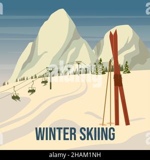 Vintage Mountain Winterresort Alps, mit altmodischen Holzskiern und Stöcken. Schneelandschaft Gipfel, Pisten. Retro-Poster für Reisen Stock Vektor